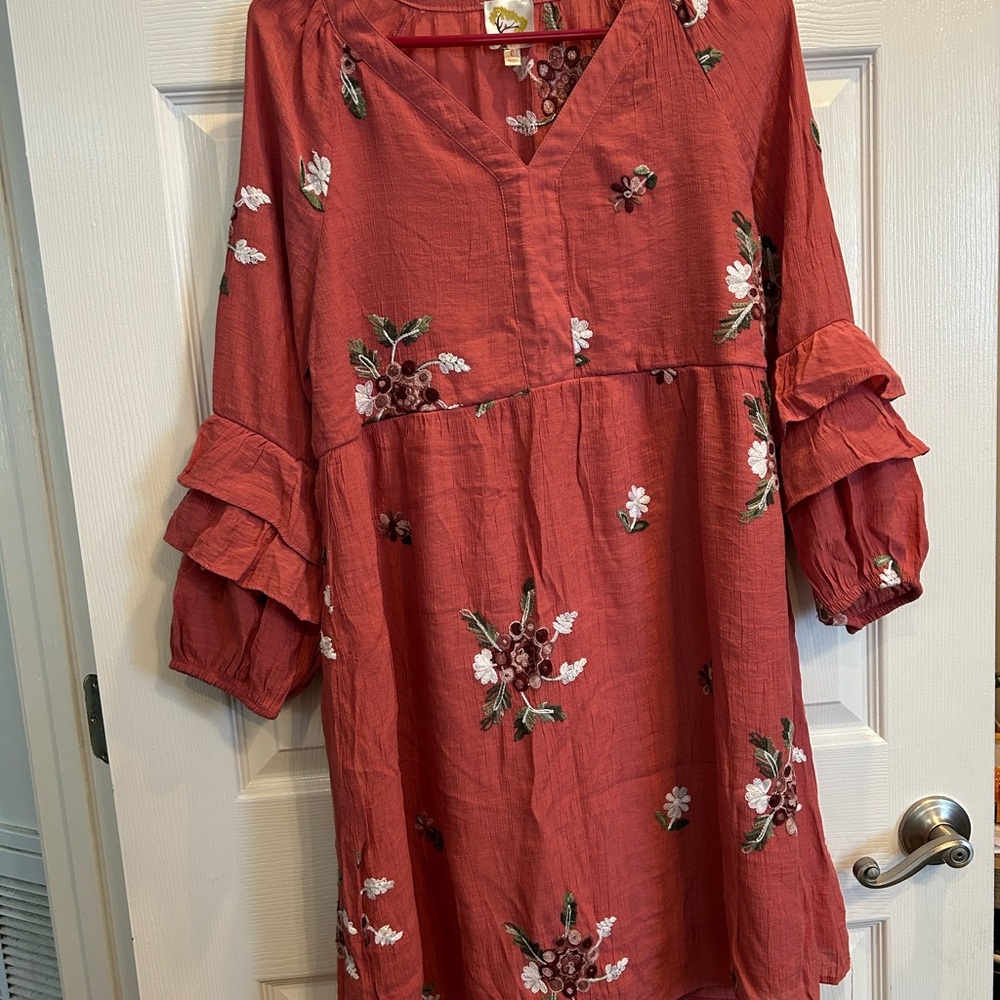 Anthropology Fig and Flower Floral Embroidered Dress Sz L